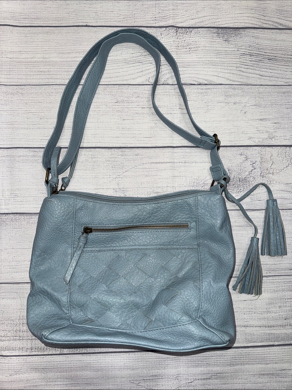Bueno Light Blue Shoulder Bag with Tassel Accents
